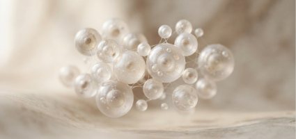 A cluster of translucent spheres in raking light.